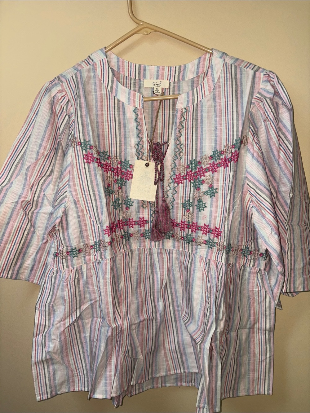 easel Striped Embroidered Peasant Top in Pink & Blue